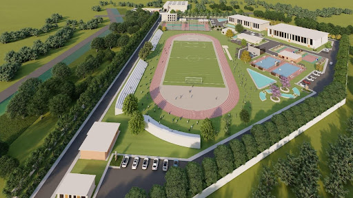 Aerial view of stadium and track